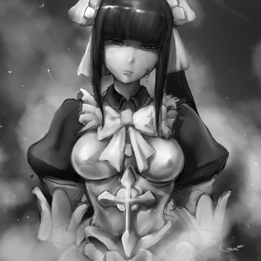 1girl bangs blood blood_on_face breasts cross darren_geers greyscale half-closed_eyes head_tilt highres long_hair looking_at_viewer maid maid_headdress medium_breasts monochrome narberal_gamma overlord_(maruyama) puffy_sleeves solo