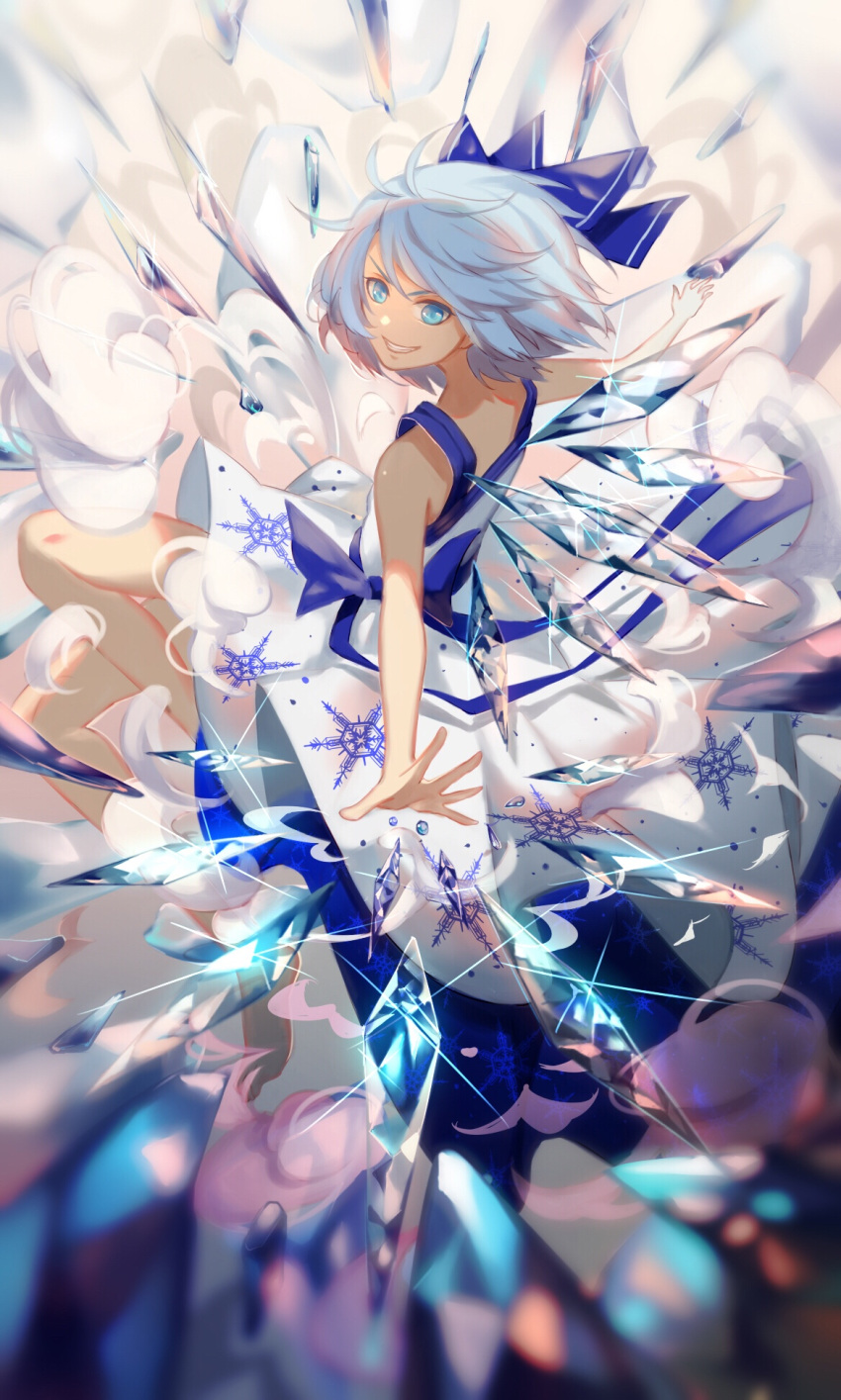 1girl barefoot blue_bow blue_eyes blue_hair bow cirno dress from_side full_body grin hair_bow highres looking_at_viewer outstretched_arms short_hair sleeveless smile solo touhou white_dress ze_xia