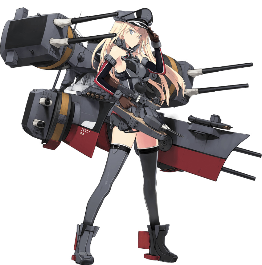 1girl ankle_boots bare_shoulders bismarck_(kantai_collection) blonde_hair blue_eyes boots breasts brown_gloves detached_sleeves full_body gloves grey_legwear hand_on_headwear hat holding kantai_collection long_hair long_sleeves machinery medium_breasts military military_uniform official_art peaked_cap shimada_fumikane sideboob smile solo standing thigh-highs transparent_background turret uniform