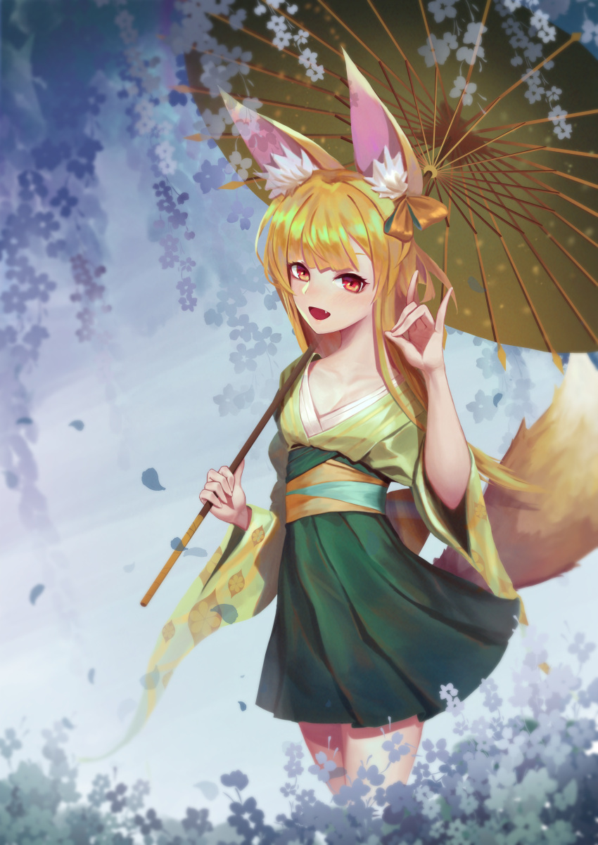 1girl :d absurdres animal_ears blonde_hair breasts day fang flower fox_ears fox_tail full_body green_skirt hand_up highres izumi_(sdorica_-sunset-) looking_at_viewer open_mouth outdoors parasol penkake red_eyes sdorica_-sunset- skirt small_breasts smile solo standing tail umbrella wide_sleeves