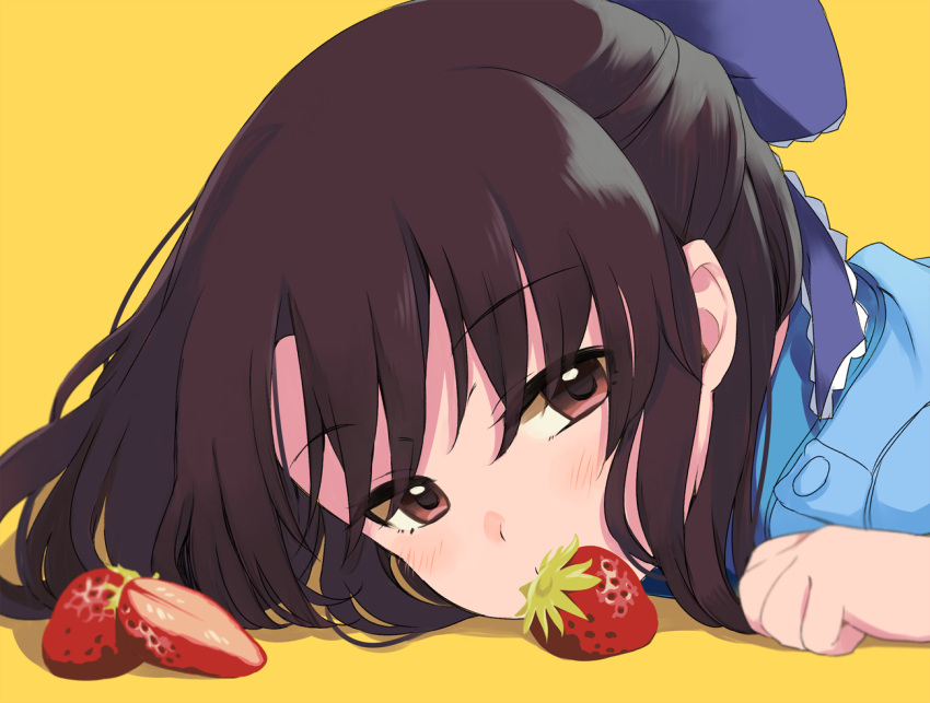 1girl black_hair blue_bow blue_shirt blush bow brown_eyes close-up commentary_request eyebrows_visible_through_hair food fruit hair_bow half_updo idolmaster idolmaster_cinderella_girls idolmaster_cinderella_girls_starlight_stage kirarin369 long_hair looking_at_viewer lying shirt simple_background solo strawberry tachibana_arisu yellow_background