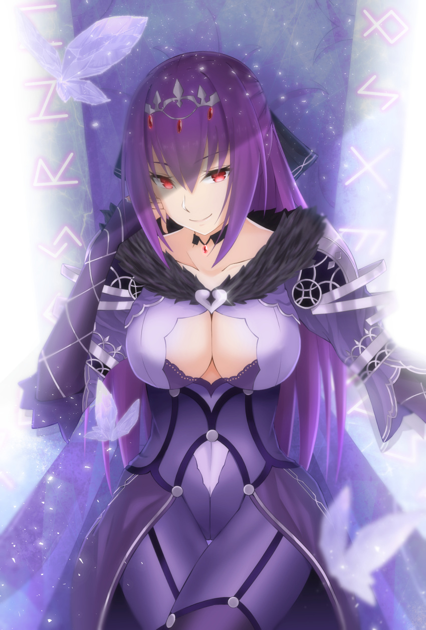 1girl breasts bug butterfly cleavage cleavage_cutout collarbone commentary_request elbow_gloves fate/grand_order fate_(series) fur_collar gloves hair_ribbon highres insect large_breasts long_hair looking_at_viewer mebi_(mebieru) purple_gloves purple_hair red_eyes ribbon runes scathach_(fate)_(all) scathach_skadi_(fate/grand_order) solo tiara