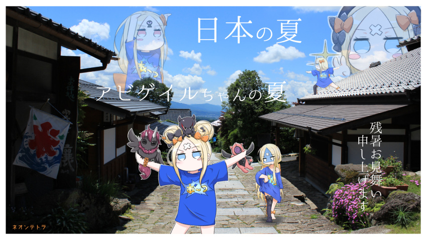 1girl abigail_williams_(fate/grand_order) animal animal_on_head arms_up arts_shirt bangs barefoot black_bow black_legwear blue_eyes blue_shirt blue_sky blush blush_stickers bow building chibi chibi_inset clothes_writing clouds commentary_request crossed_bandaids day double_bun eyebrows_visible_through_hair fate/grand_order fate_(series) flower hair_bow head_tilt highres kooribata long_hair looking_at_viewer multiple_views neon-tetora no_shoes octopus on_head orange_bow outdoors outstretched_arms parted_bangs photo_background pink_flower road shirt short_sleeves side_bun sidelocks single_thighhigh sky sparkle spread_arms standing street thigh-highs translated turn_pale v