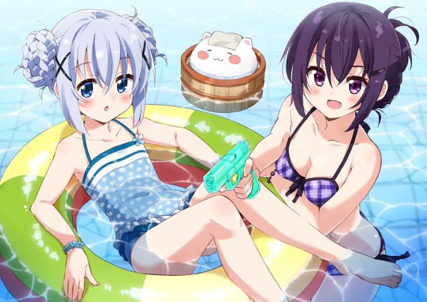 2girls :3 :d :o aiming_at_viewer angora_rabbit bare_shoulders barefoot bikini blue_eyes blue_hair blue_swimsuit blush_stickers breasts bucket closed_eyes commentary_request covered_navel flat_chest gochuumon_wa_usagi_desu_ka? gun hair_ornament hairclip highres holding holding_gun holding_weapon innertube kafuu_chino looking_at_viewer medium_breasts mousou_(mousou_temporary) multiple_girls one-piece_swimsuit open_mouth partially_submerged polka_dot polka_dot_swimsuit purle_hair purple_bikini rabbit reclining smile soaking_feet swimsuit tedeza_rize tippy_(gochiusa) towel towel_on_head violet_eyes water water_gun weapon wristband