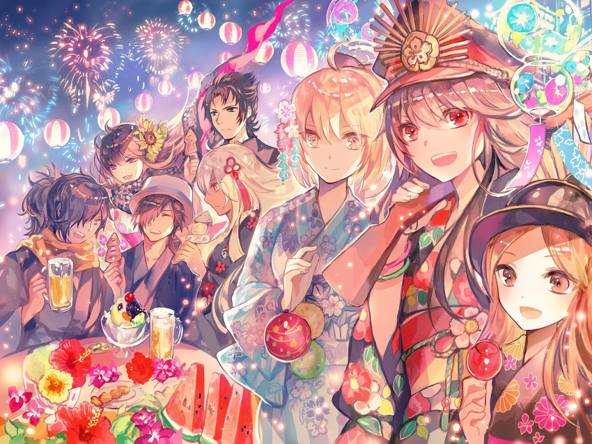 3boys 5girls :d ahoge bangs beer_mug black_hair blonde_hair blue_kimono bow brown_eyes brown_hair character_request dark_skin eyebrows_visible_through_hair fate/grand_order fate_(series) fireworks floating_hair floral_print flower food gun hair_bow hair_over_one_eye hat highres holding holding_gun holding_weapon ice_cream japanese_clothes kimono lantern long_hair looking_at_viewer multiple_boys multiple_girls musket night night_sky obi oda_nobunaga_(fate) okada_izou_(fate) okita_souji_(alter)_(fate) okita_souji_(fate) okita_souji_(fate)_(all) one_eye_covered open_mouth oryou_(fate) over_shoulder paper_lantern parted_bangs peaked_cap red_eyes red_flower red_scarf rioka_(southern_blue_sky) sakamoto_ryouma_(fate) sash scarf sitting sky smile summer_festival table tassel weapon weapon_over_shoulder white_hat wind_chime wristband yellow_eyes yellow_flower yellow_scarf