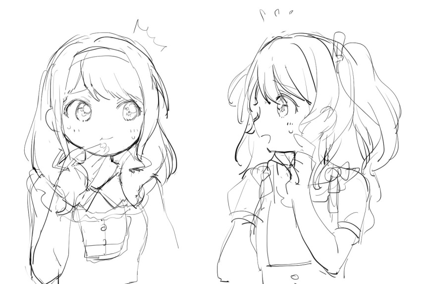 2girls :t bd_ayknn blush chewing_gum commentary_request hairband long_sleeves multiple_girls profile short_hair short_sleeves simple_background surprised