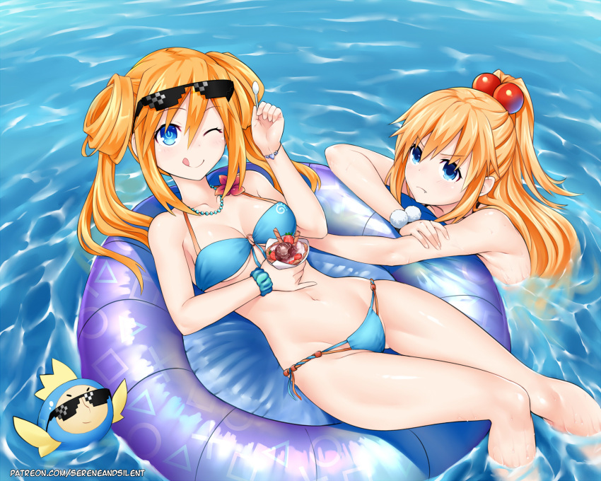 2girls ;q bikini blue_bikini blue_eyes blush breasts cleavage collarbone day deal_with_it double_bun fang food frown groin hair_between_eyes highres holding holding_food holding_spoon ice_cream innertube jewelry long_hair looking_at_viewer medium_breasts multiple_girls navel necklace neptune_(series) ocean one_eye_closed orange_hair orange_heart outdoors partially_submerged pish ponytail power_symbol sereneandsilent shin_jigen_game_neptune_vii soaking_feet spoon sunglasses swimming swimsuit symbol-shaped_pupils tongue tongue_out twintails umio_(choujigen_game_neptune)