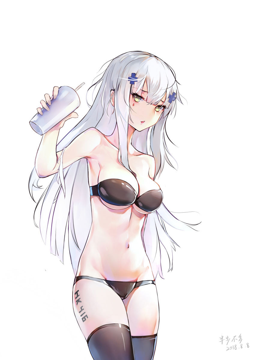 1girl absurdres assault_rifle ban_bu_bu_duou bare_arms bare_shoulders bikini black_bikini black_legwear breasts character_name commentary_request cowboy_shot cup dated drinking_straw facial_mark girls_frontline green_eyes gun hair_ornament heckler_&amp;_koch highres hk416 hk416_(girls_frontline) holding long_hair looking_at_viewer medium_breasts navel parted_lips rifle signature solo standing swimsuit thigh-highs weapon white_hair