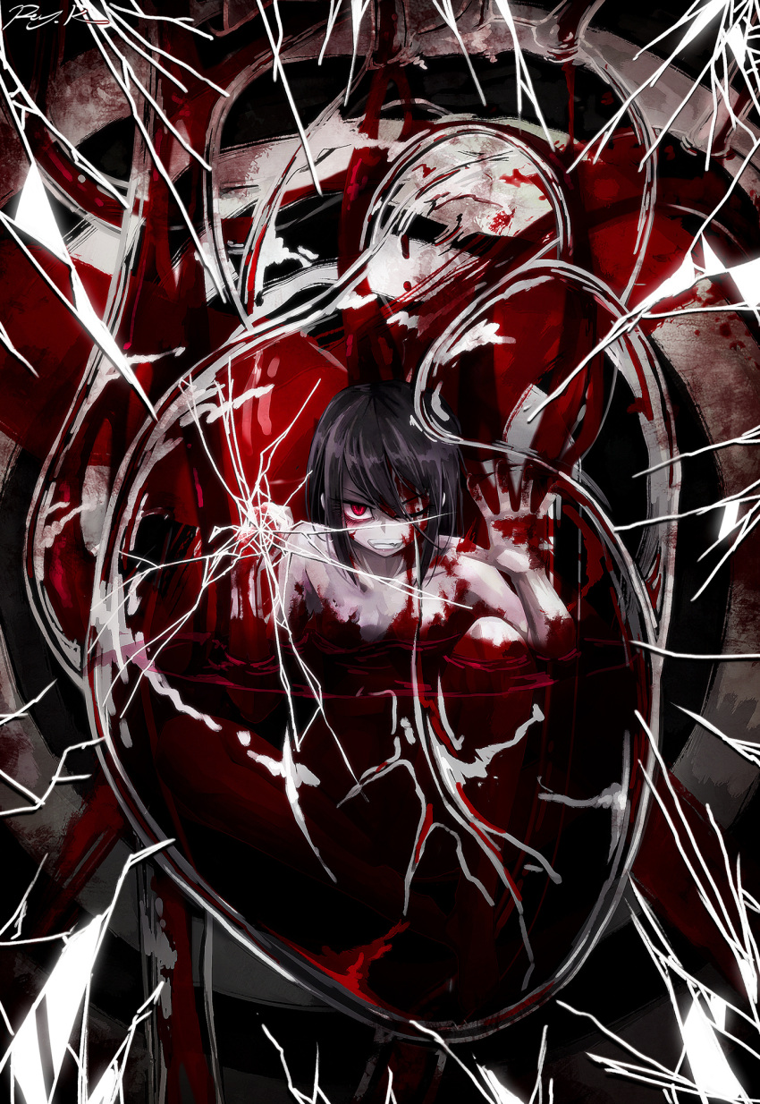 1girl black_hair blood commentary_request crack heart_(organ) highres looking_at_viewer nude one_eye_closed original partially_submerged ray-k red_eyes smile solo