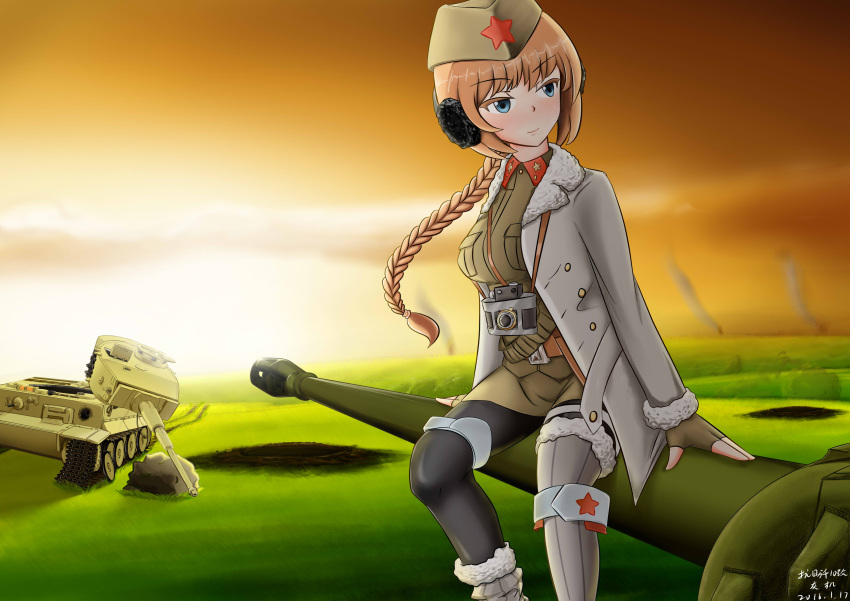 1girl absurdres artist_request blue_eyes braid breasts camera character_request coat day grass ground_vehicle hat highres is-2 long_hair military military_hat military_uniform military_vehicle motor_vehicle orange_hair rock smile star sunset tank tiger_i uniform zhan_jian_shao_nyu