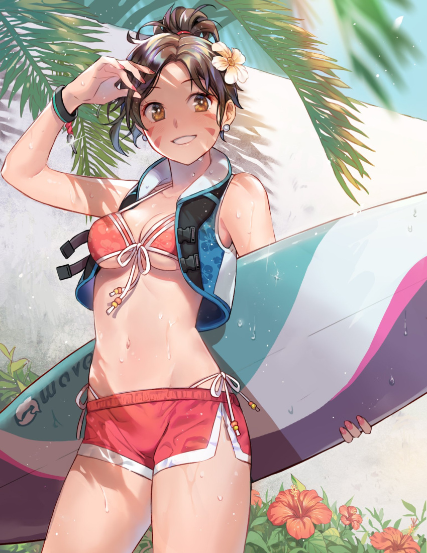 0910popo 1girl :d arm_up bangs bare_shoulders bikini bikini_under_clothes blue_vest blush breasts brown_eyes brown_hair cleavage collarbone cowboy_shot d.va_(overwatch) day earrings eyebrows_visible_through_hair facial_mark floral_print flower front-tie_bikini front-tie_top glint hair_flower hair_ornament hibiscus highres holding jewelry key looking_at_viewer medium_breasts nail_polish navel open_clothes open_mouth open_vest outdoors overwatch palm_tree parted_bangs pink_bikini_top pink_nails ponytail print_bikini red_shorts ribbon shadow shiny shiny_hair short_hair shorts side-tie_bikini smile solo sunlight surfboard swimsuit teeth thighs tree under_boob vest water wet whisker_markings white_flower white_ribbon wristband