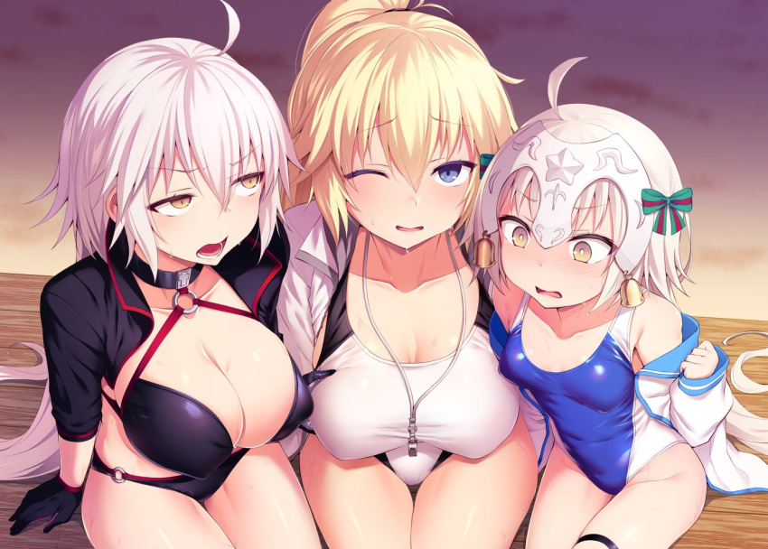3girls ahoge alternate_costume bikini blonde_hair blue_eyes blush breasts cleavage covered_nipples drawstring eyebrows_visible_through_hair fate/grand_order fate_(series) gloves groin hair_between_eyes headpiece jeanne_d'arc_(alter)_(fate) jeanne_d'arc_(fate) jeanne_d'arc_(fate)_(all) jeanne_d'arc_alter_santa_lily large_breasts long_hair medium_breasts multiple_girls off_shoulder one_eye_closed open_mouth satou_kuuki short_hair small_breasts swimsuit swimsuit_under_clothes thigh_gap thigh_strap very_long_hair white_hair yellow_eyes
