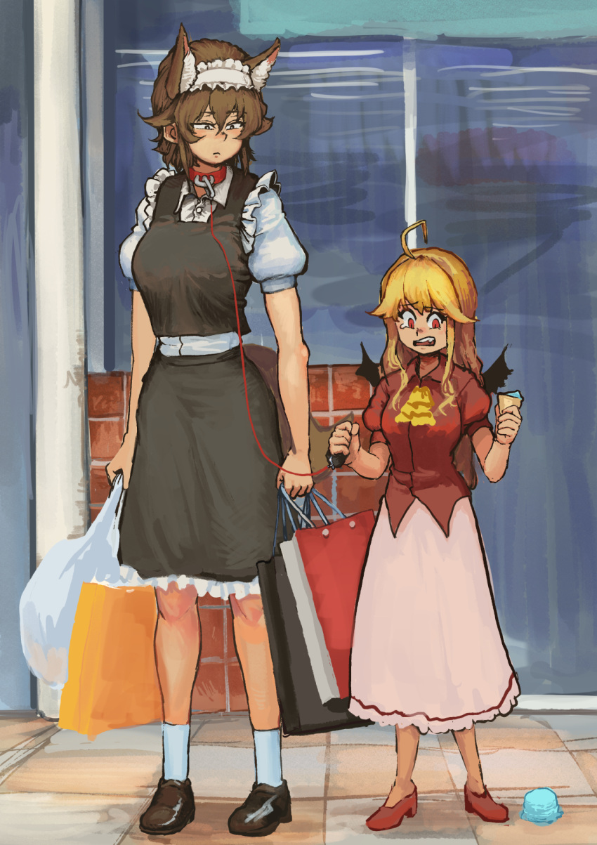 2girls ahoge animal_ears bag black_dress blonde_hair brown_footwear chanta_(ayatakaoisii) closed_mouth collar copyright_request dress food high_heels highres holding ice_cream ice_cream_cone ice_cream_cone_spill leash long_hair looking_down maid maid_headdress multiple_girls open_mouth outdoors pink_skirt puffy_short_sleeves puffy_sleeves red_eyes red_footwear red_vest sanpaku short_sleeves skirt socks standing tears vest white_legwear wide-eyed