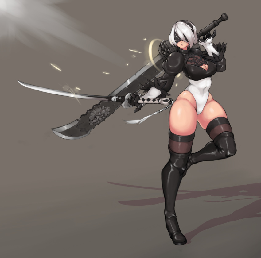 1girl absurdres black_gloves black_legwear blindfold boots breasts cleavage cleavage_cutout covered_navel dual_wielding feather-trimmed_sleeves full_body gloves grey_background hairband high_heel_boots high_heels highleg highleg_leotard highres holding huge_weapon kelvin_hiu leotard nier_(series) nier_automata parted_lips puffy_sleeves shadow short_hair simple_background skindentation solo sword thigh-highs weapon weapon_on_back yorha_no._2_type_b