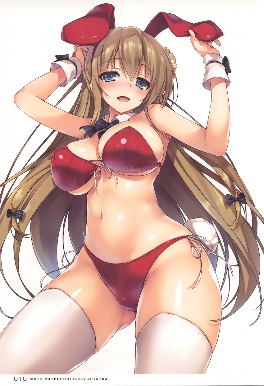 1girl absurdres animal_ears arms_up bangs bare_shoulders bikini blue_eyes bow bowtie breasts brown_hair bunny_tail cleavage detached_collar fake_animal_ears flower front-tie_bikini front-tie_top hair_flower hair_ornament highres large_breasts looking_at_viewer navel open_mouth original rabbit_ears red_bikini scan shiny shiny_clothes shiny_hair shiny_skin side-tie_bikini simple_background smile solo swimsuit tail tomose_shunsaku white_background white_legwear wrist_cuffs