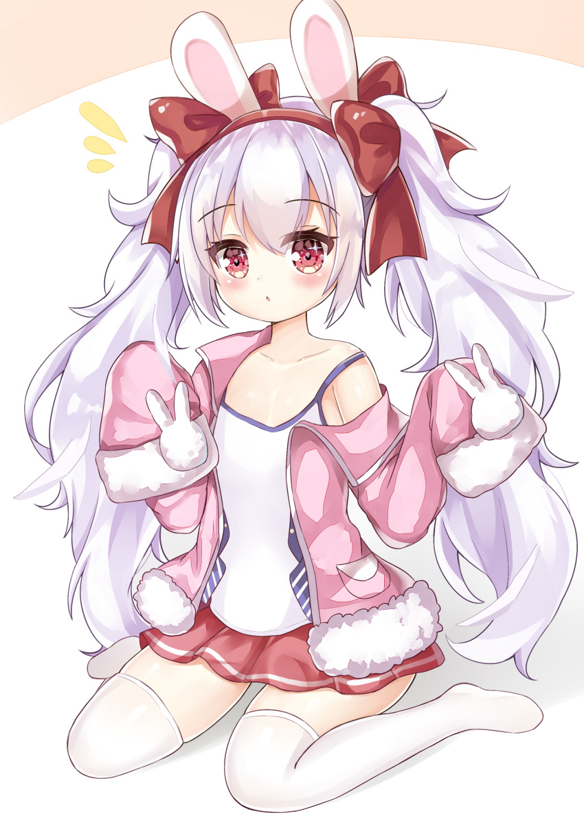 1girl absurdres animal_ears azur_lane bangs bare_shoulders blush bow camisole chestnut_mouth collarbone commentary_request eyebrows_visible_through_hair flying_sweatdrops full_body hair_between_eyes hair_bow hairband hands_up highres jacket ju_(a793391187) laffey_(azur_lane) long_hair long_sleeves looking_at_viewer no_shoes off_shoulder open_clothes open_jacket parted_lips pink_jacket pleated_skirt rabbit_ears red_bow red_eyes red_hairband red_skirt silver_hair sitting skirt sleeves_past_fingers sleeves_past_wrists solo strap_slip thigh-highs twintails very_long_hair wariza white_background white_camisole white_legwear