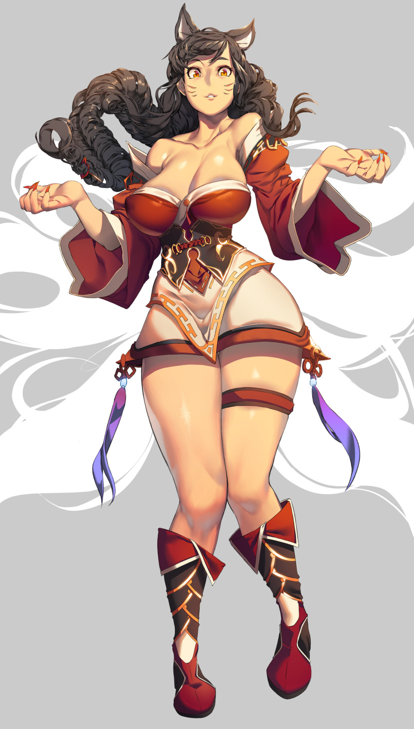 1girl absurdres ahri animal_ears bare_shoulders black_hair boots braid breasts cleavage collarbone eureka_brider fox_ears fox_tail full_body highres korean_clothes large_breasts league_of_legends long_sleeves looking_at_viewer nail_polish off_shoulder parted_lips solo tail whisker_markings wide_sleeves yellow_eyes