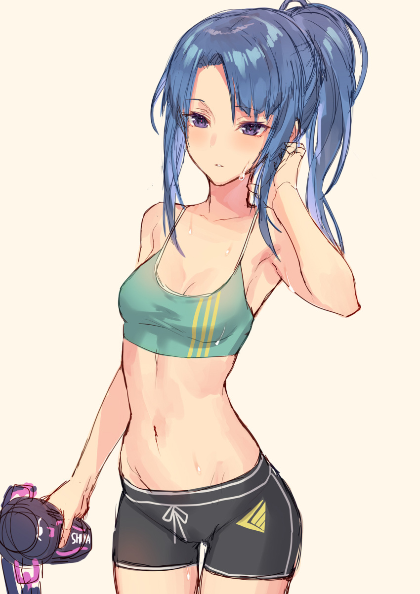 1girl alice_gear_aegis arm_up armpits bangs beige_background bike_shorts blue_hair bottle breasts cowboy_shot crop_top highres long_hair midriff navel parted_bangs parted_lips ponytail sidelocks sigm@ simple_background sketch small_breasts solo sweat takanashi_rei violet_eyes water_bottle