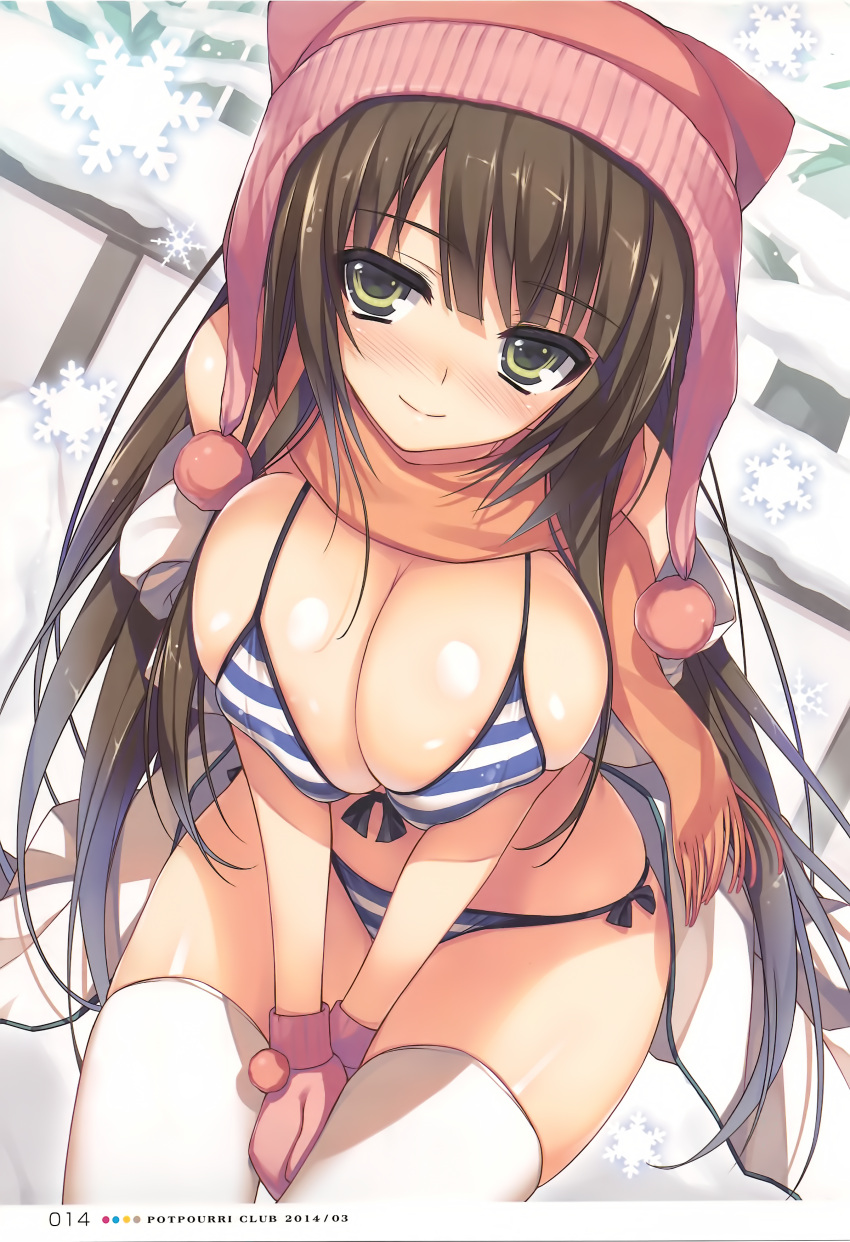 1girl absurdres bangs beanie bikini blush breasts brown_eyes brown_hair closed_mouth eyebrows_visible_through_hair gloves hat highres large_breasts long_hair looking_at_viewer original page_number pom_pom_(clothes) scan scarf shiny shiny_hair shiny_skin smile snow snowflakes solo striped striped_bikini swimsuit tomose_shunsaku white_legwear winter_clothes