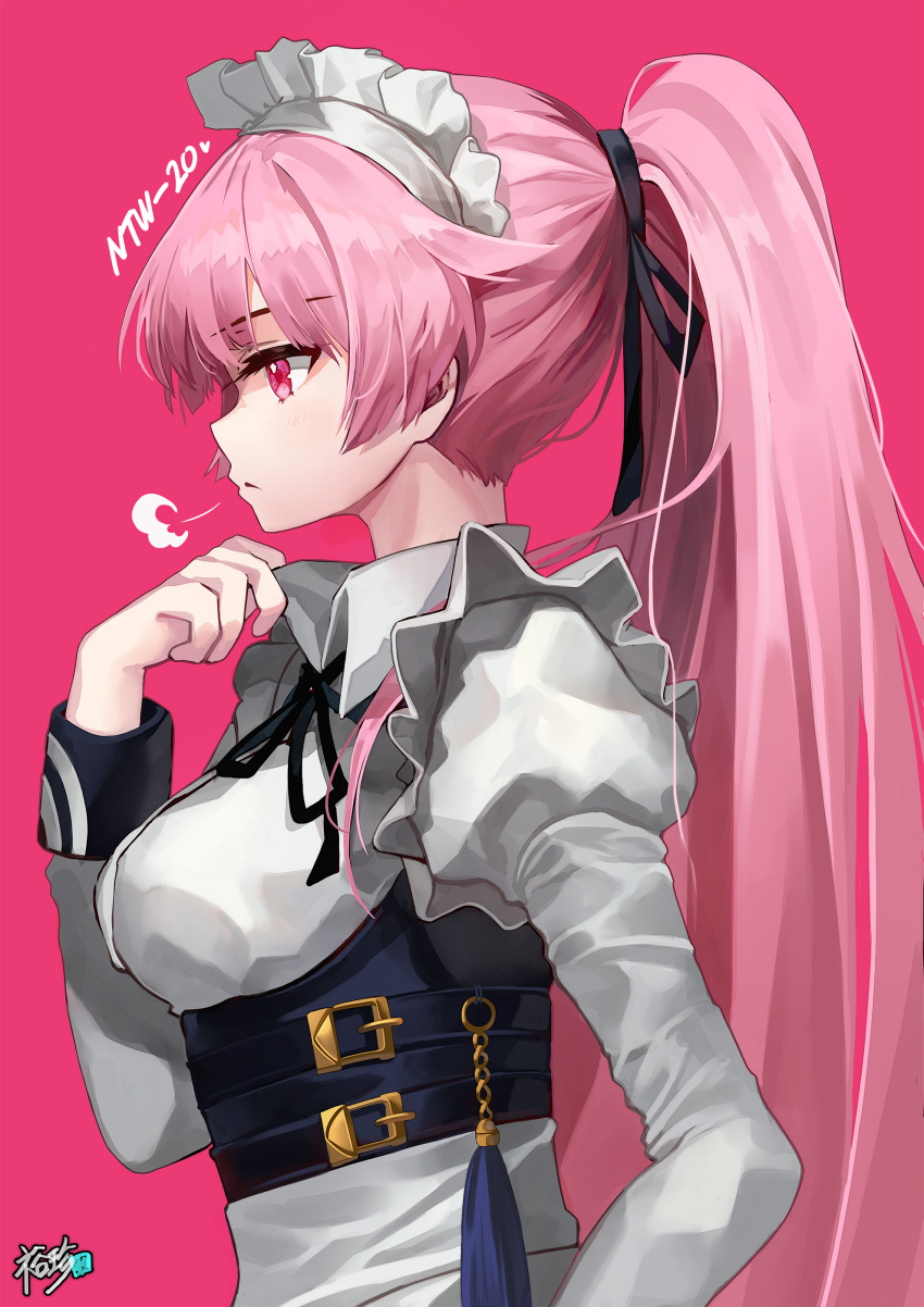 1girl =3 absurdres adjusting_collar alternate_costume alternate_hairstyle apron bangs black_ribbon black_vest blush breasts buckle character_name cropped_vest dress eyebrows_visible_through_hair framed_breasts from_side girls_frontline hair_ribbon hand_on_hip highres juliet_sleeves kyjsogom long_hair long_sleeves maid maid_headdress neck_ribbon ntw-20_(girls_frontline) parted_lips pink_background pink_eyes pink_hair ponytail puffy_sleeves ribbon sidelocks signature simple_background solo tassel very_long_hair vest