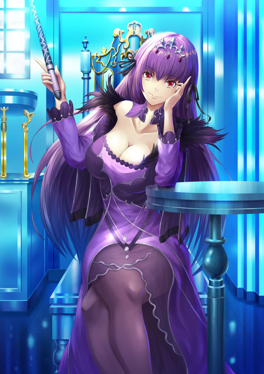 1girl absurdres black_legwear breasts chair cleavage collarbone commentary dress fate/grand_order fate_(series) fujifuji924 head_rest highres large_breasts legs_crossed long_hair pantyhose purple_dress purple_hair red_eyes scathach_(fate)_(all) scathach_skadi_(fate/grand_order) sitting smile solo table tiara wand