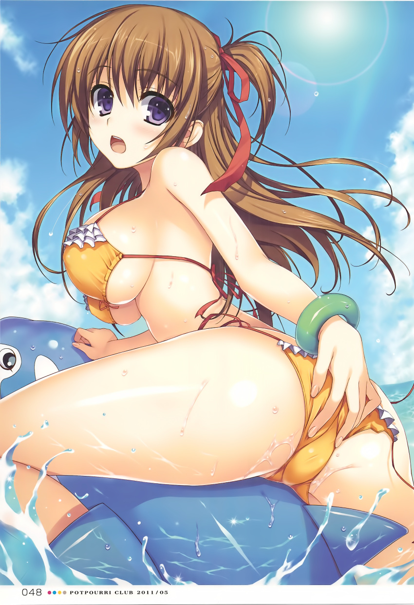 1girl absurdres ass bangle bikini blue_eyes blue_sky blush bracelet breasts brown_hair clouds day frilled_bikini frills hair_ribbon hand_on_ass highres inflatable_dolphin inflatable_toy jewelry large_breasts lens_flare long_hair looking_back open_mouth orange_bikini original page_number ribbon scan sky solo strap_gap sun swimsuit tomose_shunsaku trefoil two_side_up wet