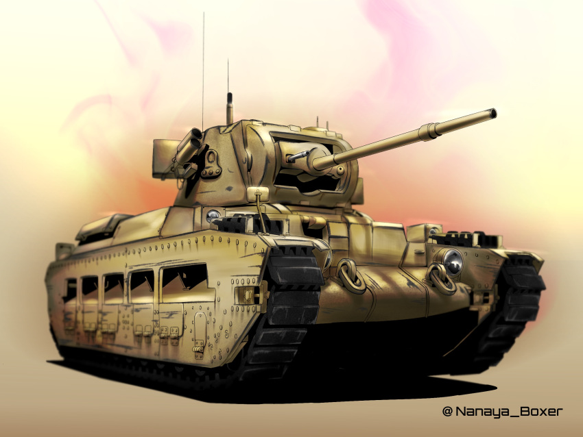 artist_name caterpillar_tracks ground_vehicle highres matilda_(tank) military military_vehicle motor_vehicle no_humans original rskszk tank weapon