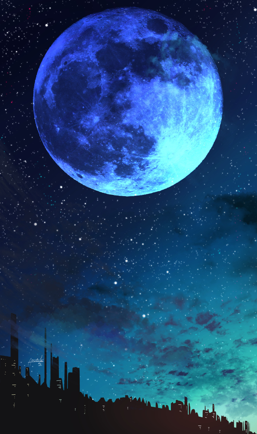absurdres amatsuki_rei blue cityscape commentary_request full_moon highres monochrome moon night night_sky no_humans original outdoors scenery signature silhouette sky star_(sky) starry_sky