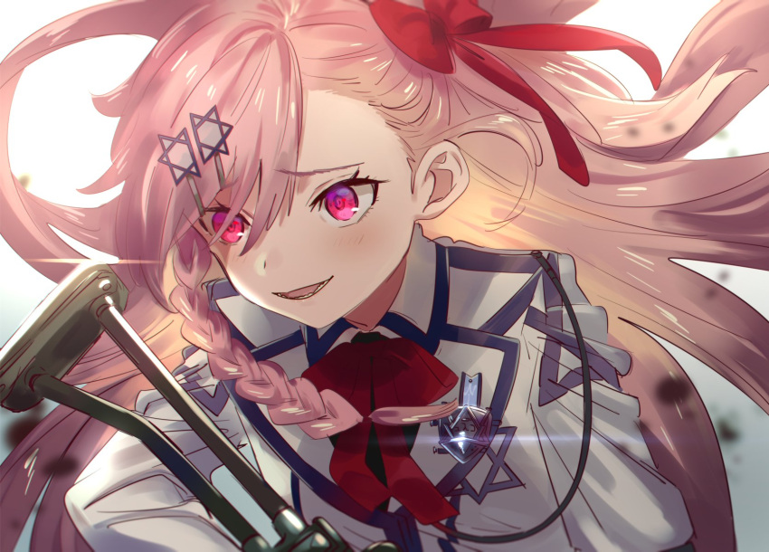 1girl badge bangs blush bow braid breasts collared_jacket eyebrows_visible_through_hair floating_hair girls_frontline gloves gun hair_between_eyes hair_bow hair_ornament hair_ribbon hairclip hexagram highres holding holding_gun holding_weapon imi_negev israel jacket long_hair machine_gun medium_breasts neckerchief negev_(girls_frontline) one_side_up open_mouth pink_hair red_bow red_eyes red_neckwear ribbon sidelocks simple_background skirt smile solo star_of_david weapon white_skirt wind yomosaka