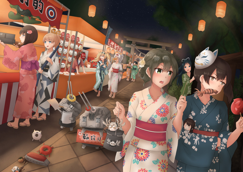 6+girls abyssal_crane_hime alternate_hairstyle aquila_(kantai_collection) bag blonde_hair brown_hair checkered_pattern chou-10cm-hou-chan dutch_angle eating enemy_lifebuoy_(kantai_collection) festival floral_print gambier_bay_(kantai_collection) grey_hair gun hiding highres hiryuu_(kantai_collection) intrepid_(kantai_collection) japanese_clothes k_jie kaga_(kantai_collection) kantai_collection katsuragi_(kantai_collection) kimono lantern long_hair mask mask_on_head multiple_girls ponytail print_kimono rifle ryuujou_(kantai_collection) short_hair shoukaku_(kantai_collection) side_ponytail souryuu_(kantai_collection) squid striped taihou_(kantai_collection) torii twintails weapon white_hair yukata zuikaku_(kantai_collection)