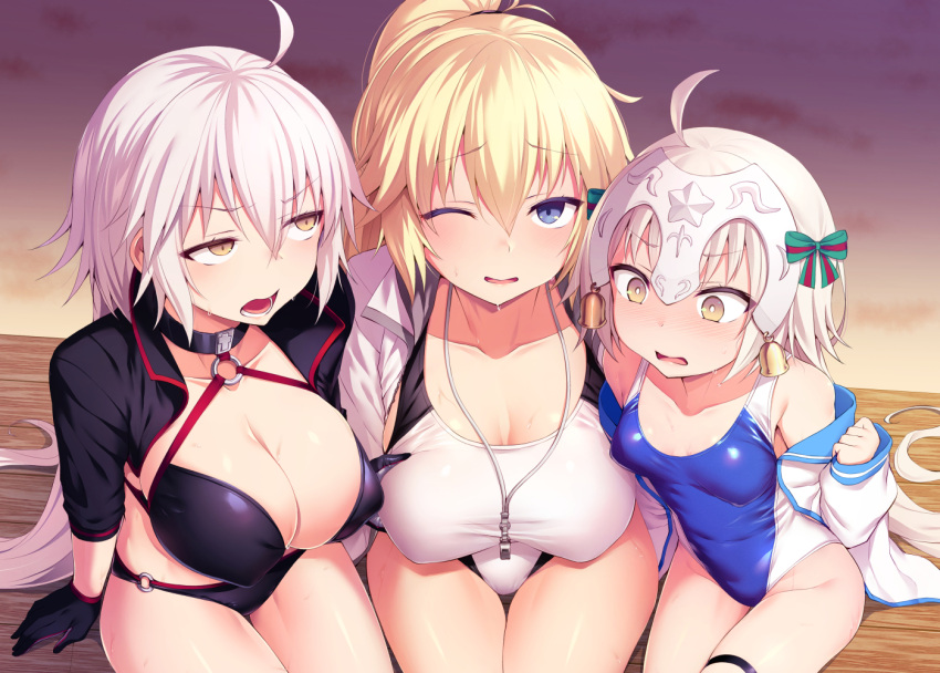 3girls ahoge alternate_costume bare_shoulders bikini blonde_hair blue_eyes blush breasts cleavage commentary_request drawstring erect_nipples eyebrows_visible_through_hair fate/grand_order fate_(series) gloves groin hair_between_eyes headpiece jeanne_d'arc_(alter_swimsuit_berserker) jeanne_d'arc_(fate)_(all) jeanne_d'arc_(swimsuit_archer) jeanne_d'arc_alter_santa_lily large_breasts long_hair medium_breasts multiple_girls off_shoulder one_eye_closed open_mouth satou_kuuki short_hair small_breasts swimsuit swimsuit_under_clothes thigh_gap thigh_strap very_long_hair white_hair yellow_eyes