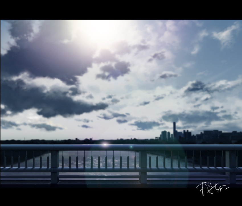 blurry blurry_background building cityscape clouds cloudy_sky commentary depth_of_field highres no_humans original outdoors railing river sakurachoco scenery signature sky skyscraper sun sunlight water