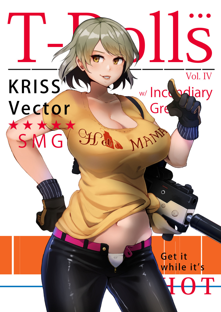1girl absurdres assault_rifle black_pants breasts brown_gloves character_name cleavage clothes_writing commentary contrapposto cowboy_shot english_commentary fake_magazine_cover girls_frontline gloves grey_hair gun hand_on_hip highres huge_breasts kion-kun kriss_vector looking_at_viewer pants parted_lips pointing pointing_at_viewer rifle shirt short_hair short_sleeves smile solo standing submachine_gun unbuttoned_pants vector_(girls_frontline) weapon yellow_eyes yellow_shirt