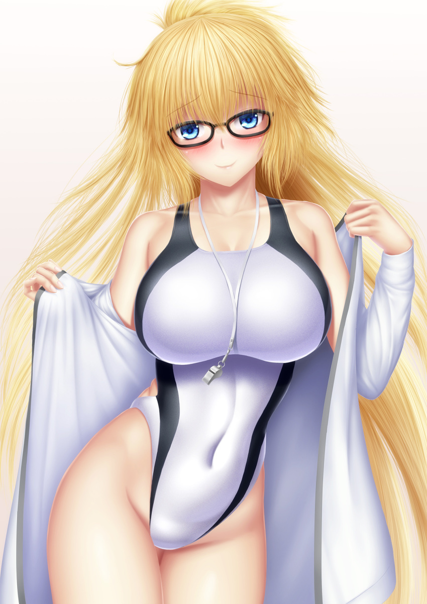 1girl bespectacled black-framed_eyewear blonde_hair blue_eyes breasts competition_swimsuit covered_navel cowboy_shot fate/grand_order fate_(series) glasses highleg highleg_swimsuit highres jacket jeanne_d'arc_(fate) jeanne_d'arc_(fate)_(all) large_breasts long_hair masatoki one-piece_swimsuit solo swimsuit track_jacket whistle whistle_around_neck white_jacket white_swimsuit
