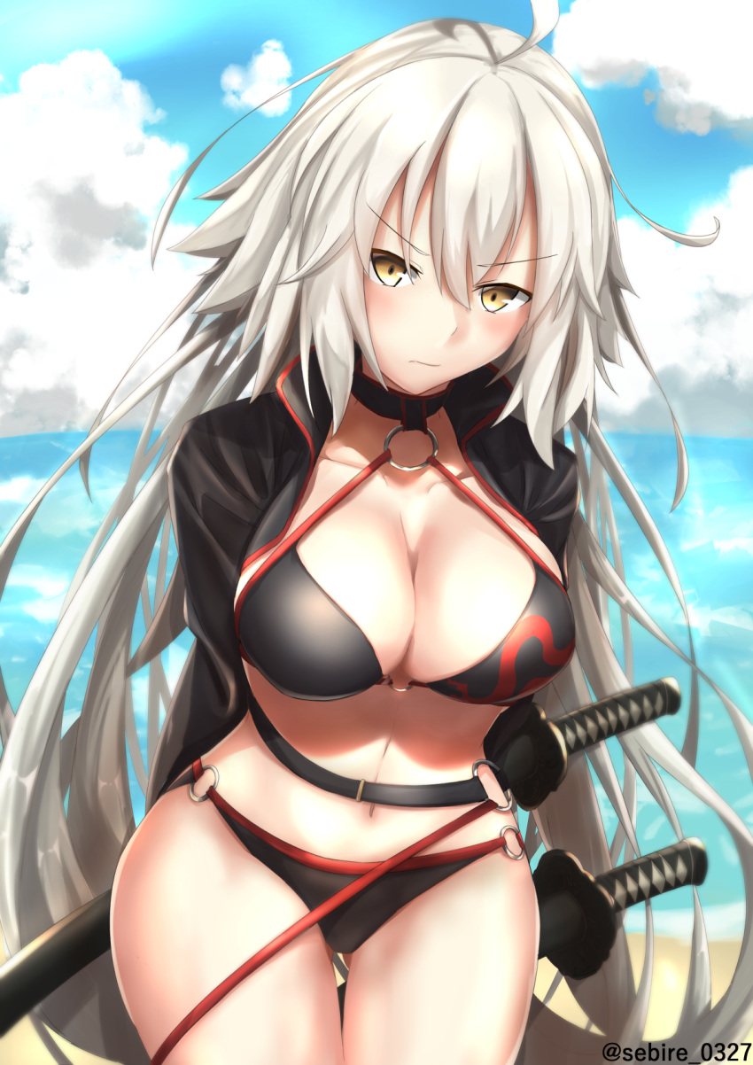 1girl ahoge arms_behind_back beach belt bikini black_bikini black_jacket blush breasts choker cleavage clouds cloudy_sky collarbone commentary_request fate/grand_order fate_(series) highres jacket jeanne_d'arc_(alter_swimsuit_berserker) katana large_breasts leaning_forward long_hair looking_at_viewer navel o-ring o-ring_bikini ocean open_clothes open_jacket sebire silver_hair sky solo swimsuit sword twitter_username very_long_hair weapon yellow_eyes
