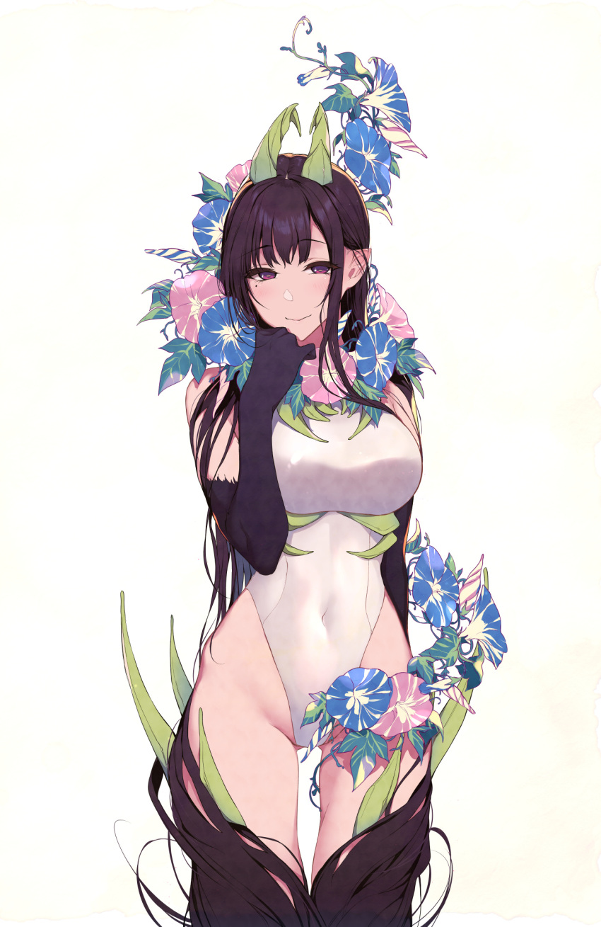 1girl ane_naru_mono bare_shoulders black_hair chiyo_(ane_naru_mono) commentary covered_navel eyebrows_visible_through_hair flower highleg highleg_leotard highres horns leotard long_hair looking_at_viewer morning_glory pochi_(pochi-goya) pointy_ears simple_background solo very_long_hair violet_eyes white_background white_leotard