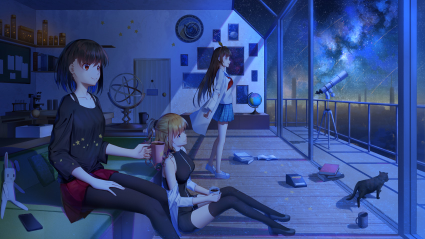 3girls animal arm_behind_back balcony bare_shoulders black_cat black_hair black_legwear black_shirt blonde_hair blue_eyes blue_sailor_collar blue_skirt blush book breasts building cat cellphone closed_mouth coffee_mug commentary_request couch cup highres holding holding_cup indoors jacket ji_dao_ji labcoat long_hair long_sleeves medium_breasts meteor_shower mug multiple_girls neckerchief night night_sky off_shoulder on_couch original pantyhose parted_lips phone plaid plaid_skirt pleated_skirt railing red_eyes red_neckwear red_skirt sailor_collar school_uniform serafuku shelf shirt shoes short_hair short_sleeves skirt sky skyscraper sleeveless smartphone smile standing star_(sky) starry_sky stuffed_animal stuffed_bunny stuffed_toy telescope thigh-highs very_long_hair white_footwear white_jacket white_shirt