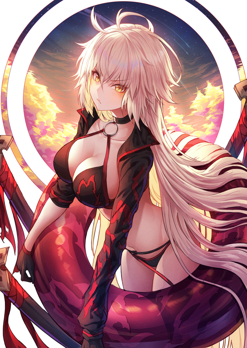 1girl ahoge bangs bikini black_bikini black_jacket blonde_hair breasts bu_(user_auya5258) buckle choker cleavage clouds cloudy_sky collarbone commentary_request cowboy_shot cropped_jacket eyebrows_visible_through_hair fate/grand_order fate_(series) frown gloves hair_between_eyes highres holding innertube jacket jeanne_d'arc_(alter)_(fate) jeanne_d'arc_(alter_swimsuit_berserker) jeanne_d'arc_(fate)_(all) large_breasts long_hair o-ring o-ring_bikini sky solo swimsuit white_background yellow_eyes