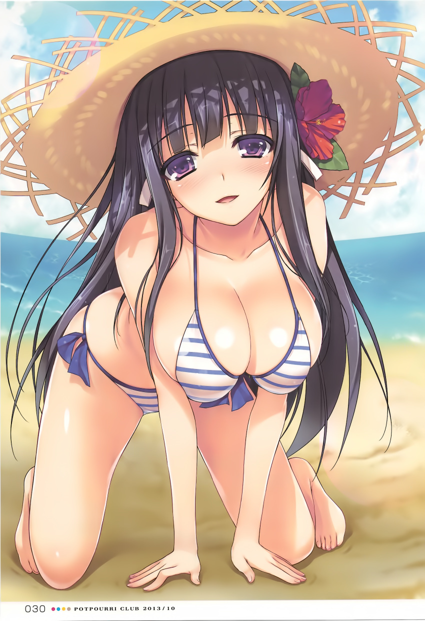 1girl absurdres beach bikini black_hair blue_bikini breasts brown_eyes cleavage day flower hair_flower hair_ornament hat highres large_breasts long_hair looking_at_viewer original page_number parted_lips sand scan side-tie_bikini solo straw_hat striped striped_bikini swimsuit tomose_shunsaku