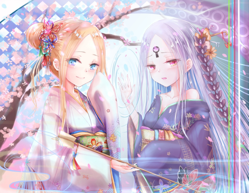 2girls abigail_williams_(fate/grand_order) bangs bare_shoulders blue_eyes blush bow butterfly_hair_ornament closed_mouth collarbone commentary_request dual_persona eyebrows_visible_through_hair fate/grand_order fate_(series) fingernails floral_print flower forehead glowing hair_bow hair_bun hair_flower hair_ornament hand_up head_tilt holding japanese_clothes kimono long_hair long_sleeves looking_at_viewer multiple_girls obi off_shoulder orange_bow orange_flower parted_bangs parted_lips pink_flower print_kimono purple_hair purple_kimono ripples sanka_tan sash sleeves_past_fingers sleeves_past_wrists smile tree very_long_hair violet_eyes white_kimono wide_sleeves