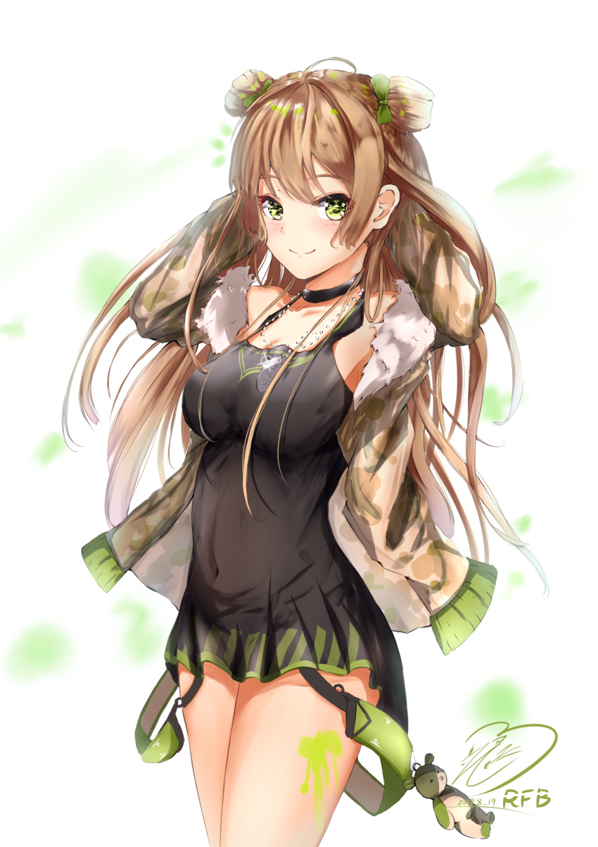 1girl absurdres ahoge bangs bare_shoulders black_dress blush bow breasts brown_hair camouflage_jacket character_name choker cleavage collarbone cowboy_shot dated dog_tags double_bun dress eyebrows_visible_through_hair fingerless_gloves fur-trimmed_jacket fur_trim girls_frontline gloves green_eyes hair_bow hand_behind_head highres jacket jewelry long_hair looking_at_viewer medium_breasts necklace off_shoulder paint_splatter rfb_(girls_frontline) short_dress signature sleeveless sleeveless_dress smile solo stuffed_animal stuffed_toy teddy_bear teratsuki thighs