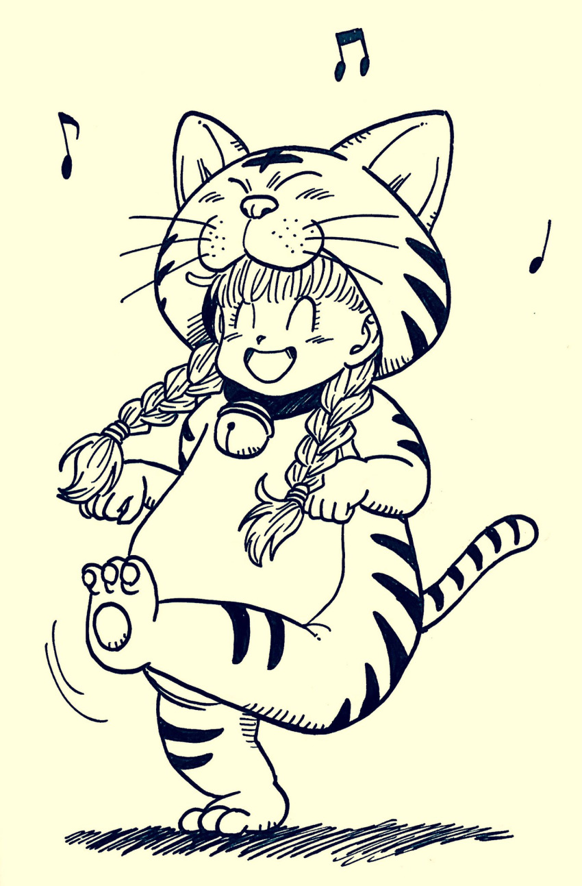 1girl animal_costume animal_print beamed_eighth_notes bell braid dragon_quest dragon_quest_xi eighth_note full_body highres jingle_bell lee_(dragon_garou) motion_lines musical_note open_mouth smile solo tiger_costume tiger_print toriyama_akira_(style) twin_braids veronica_(dq11)