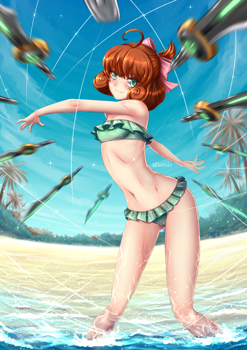 1girl adsouto ahoge beach bikini blue_sky blush bow breasts brown_hair curly_hair eyebrows_visible_through_hair freckles frilled_bikini frills glowing green_bikini green_eyes hair_bow highres looking_at_viewer motion_blur navel palm_tree penny_polendina rwby short_hair sky small_breasts smile solo strapless strapless_bikini swimsuit sword tree water watermark weapon