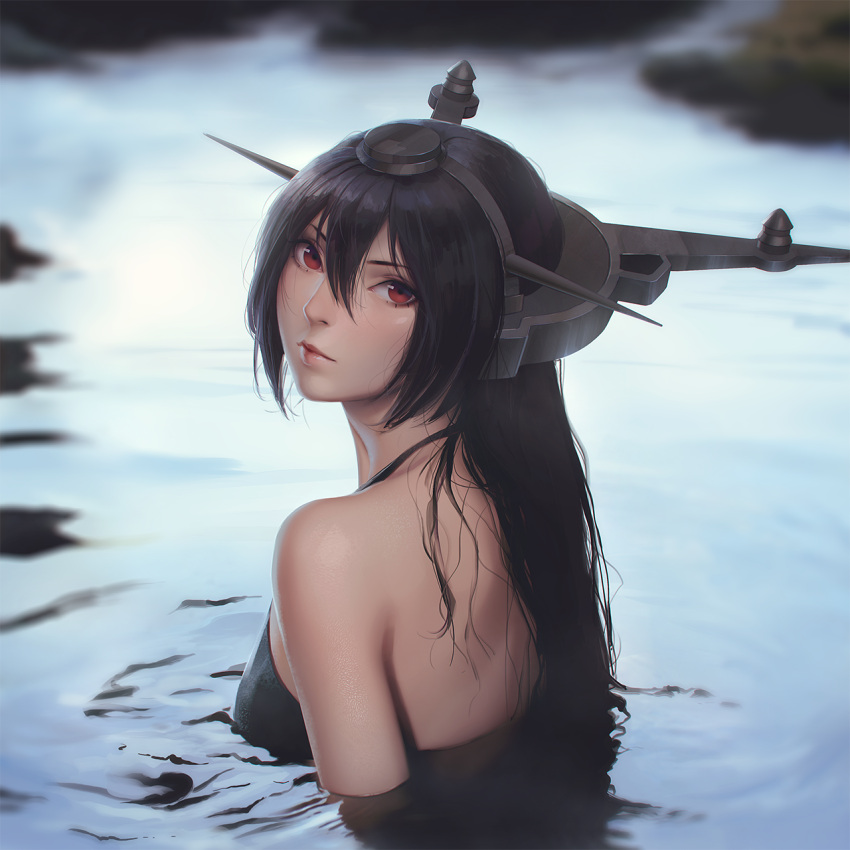 1girl back bangs bare_shoulders bikini black_hair black_swimsuit blurry blurry_background blush breasts closed_mouth day from_behind hair_between_eyes head_tilt headgear highres kantai_collection long_hair looking_at_viewer looking_back miura-n315 nagato_(kantai_collection) outdoors partially_submerged red_eyes ripples shiny shiny_skin shoulder_blades sidelocks solo swimsuit water wet