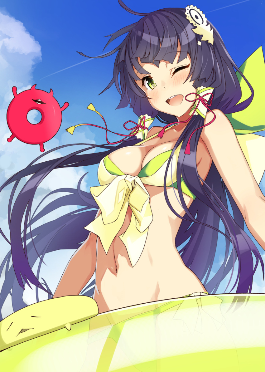 1girl ;d bangs bikini black_hair blue_sky blush bracelet collarbone commentary_request day enemy_lifebuoy_(kantai_collection) eyebrows_visible_through_hair floating_hair flower green_eyes groin hair_flower hair_ornament hair_ribbon hair_tubes highres holding holding_innertube innertube jewelry kantai_collection long_hair mizuho_(kantai_collection) multicolored multicolored_bikini multicolored_clothes navel one_eye_closed open_mouth outdoors ribbon side-tie_bikini sidelocks sky smile stomach swimsuit takanashi_kei_(hitsujikan) tress_ribbon upper_teeth very_long_hair wind wind_lift