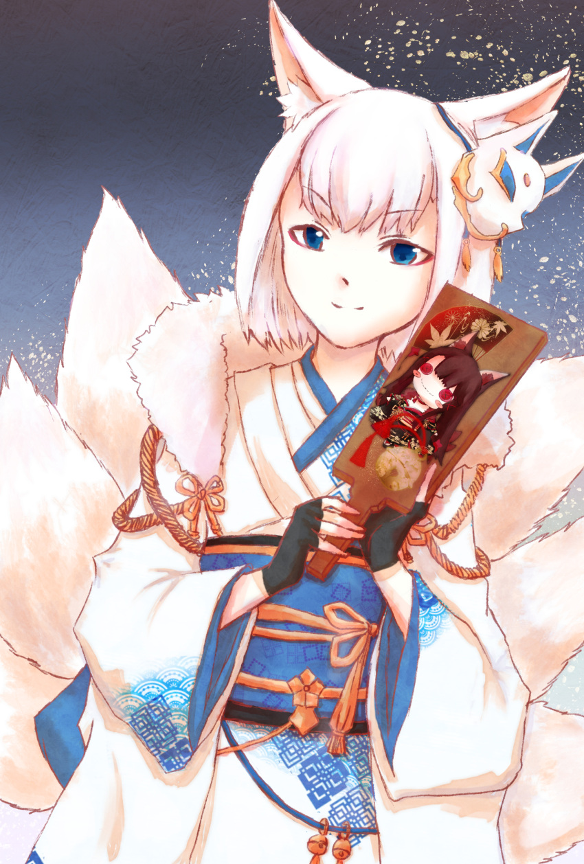 1girl animal_ears azur_lane bangs black_gloves blue_eyes closed_mouth commentary_request dutch_angle eyebrows_visible_through_hair fingerless_gloves flower_knot fox_ears fox_girl fox_mask fox_tail gloves gold_trim half-closed_eyes hands_up highres holding japanese_clothes kaga_(azur_lane) kimono light_smile long_sleeves looking_at_viewer mask multiple_tails obi sash short_hair solo tail v-shaped_eyebrows white_hair white_kimono wide_sleeves