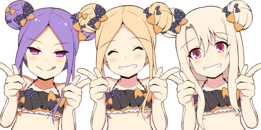 3girls :q ^_^ abigail_williams_(fate/grand_order) abigail_williams_(fate/grand_order)_(cosplay) absurdres alternate_costume alternate_hairstyle bare_arms bare_shoulders bikini black_bikini black_bow blush bow closed_eyes closed_eyes closed_mouth collarbone commentary_request cosplay double_bun emerald_float eyebrows_visible_through_hair facing_viewer fate/grand_order fate/kaleid_liner_prisma_illya fate_(series) forehead grin hair_between_eyes hair_bow hands_up highres illyasviel_von_einzbern light_brown_hair long_hair looking_at_viewer mitchi multiple_girls orange_bow polka_dot polka_dot_bow purple_hair red_eyes side_bun sidelocks simple_background smile swimsuit tongue tongue_out very_long_hair violet_eyes white_background wu_zetian_(fate/grand_order)
