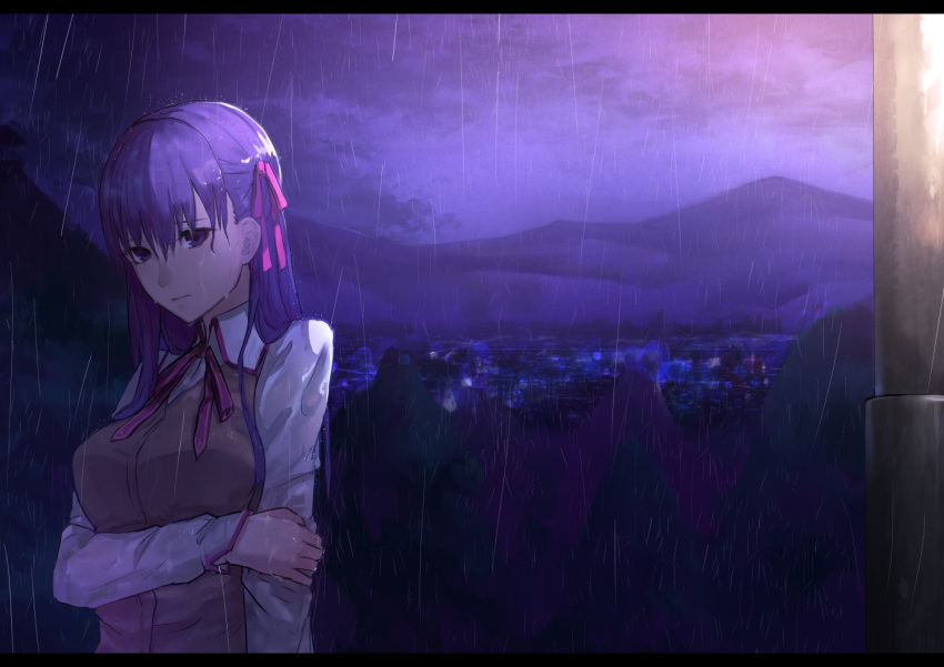 1girl brown_vest eisuto fate/stay_night fate_(series) grey_shirt hair_between_eyes hair_ribbon long_hair looking_at_viewer matou_sakura neck_ribbon night outdoors pink_ribbon purple_hair rain red_ribbon ribbon shirt solo upper_body vest violet_eyes wet wet_clothes wet_shirt