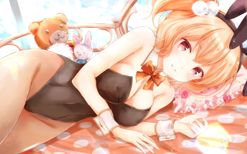 1girl animal_ears bed black_leotard bow bowtie breasts brown_eyes brown_legwear bunny_girl bunny_tail bunnysuit cleavage commentary_request cowboy_shot detached_collar girlfriend_(kari) highres leotard looking_at_viewer lying masa_(mirage77) on_side orange_hair orange_neckwear pantyhose parted_lips rabbit_ears short_hair side_ponytail solo strapless strapless_leotard stuffed_animal stuffed_bunny stuffed_toy tail teddy_bear tomura_michiru wallpaper wrist_cuffs