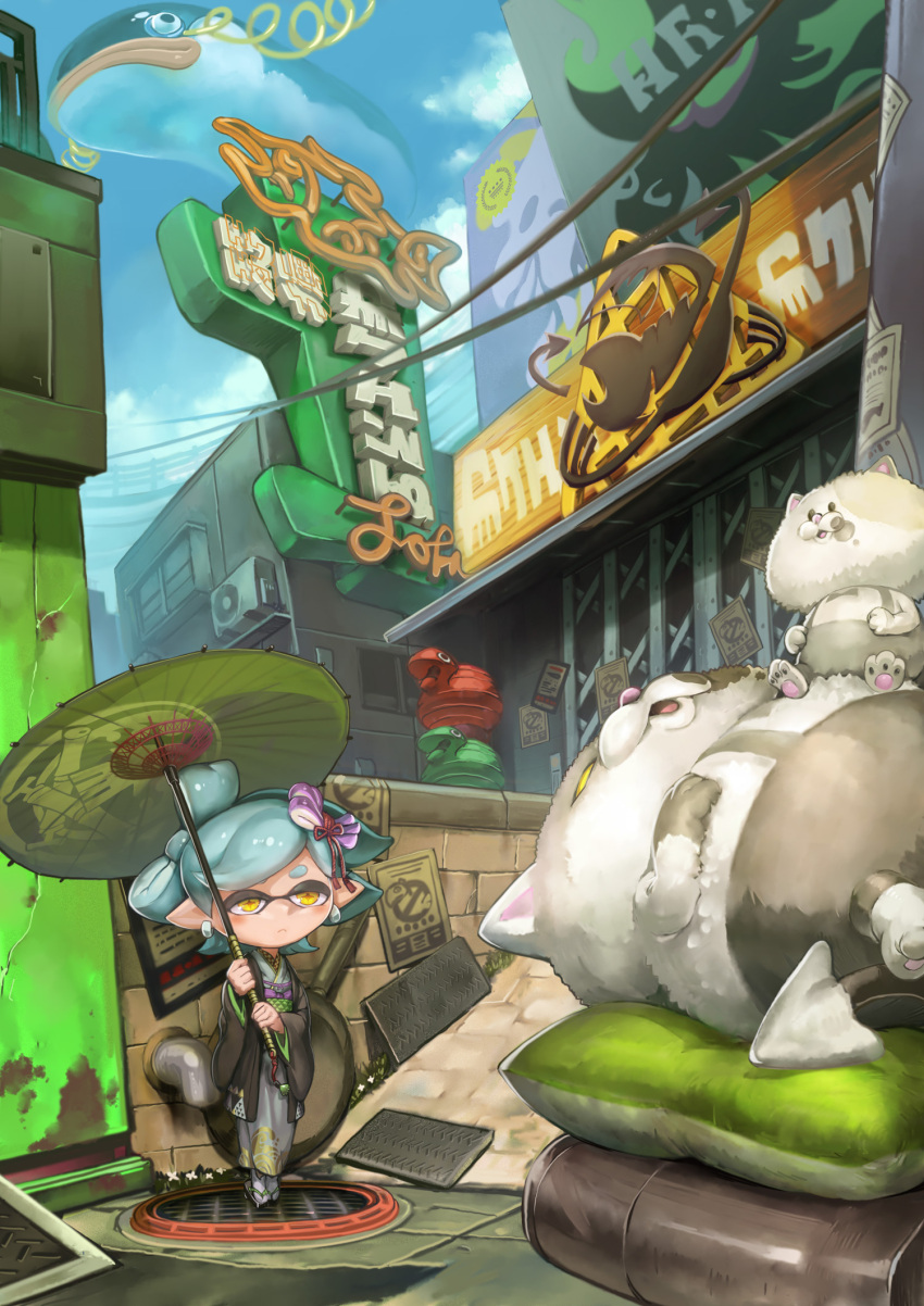 1girl blue_hair blue_sky clouds commentary_request creature domino_mask hair_ornament highres holding inkling japanese_clothes kimono kousaku long_sleeves manhole manhole_cover mask oriental_umbrella outdoors sign sky solo splatoon splatoon_2 standing umbrella wide_sleeves yellow_eyes